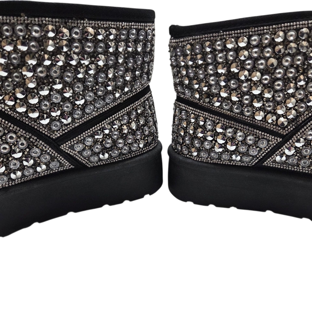 ROUGE Faux Fur Lined Studded Rhinestone Platform Ankle Boots Size 8 Black Silver - Picture 8 of 16